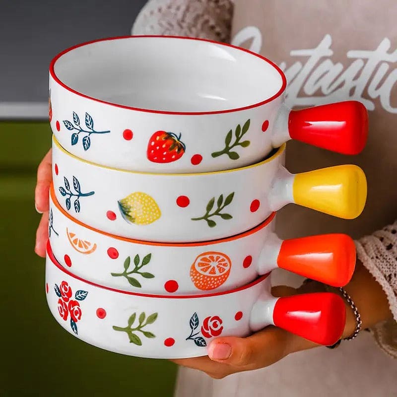 Ceramic Glaze Baking Bowl With Handle, 650ML Food Container, Nordic Net Red Ceramic Bowl With Hand Grip, Barbecue Cheese Baked Rice Baking Pan, Round Bakeware Tray Ceramic Glaze Baking Bowl With Handle, 650ML Food Container, Nordic Net Red Ceramic Bowl With Hand Grip, Barbecue Cheese Baked Rice Baking Pan, Round Bakeware Tray